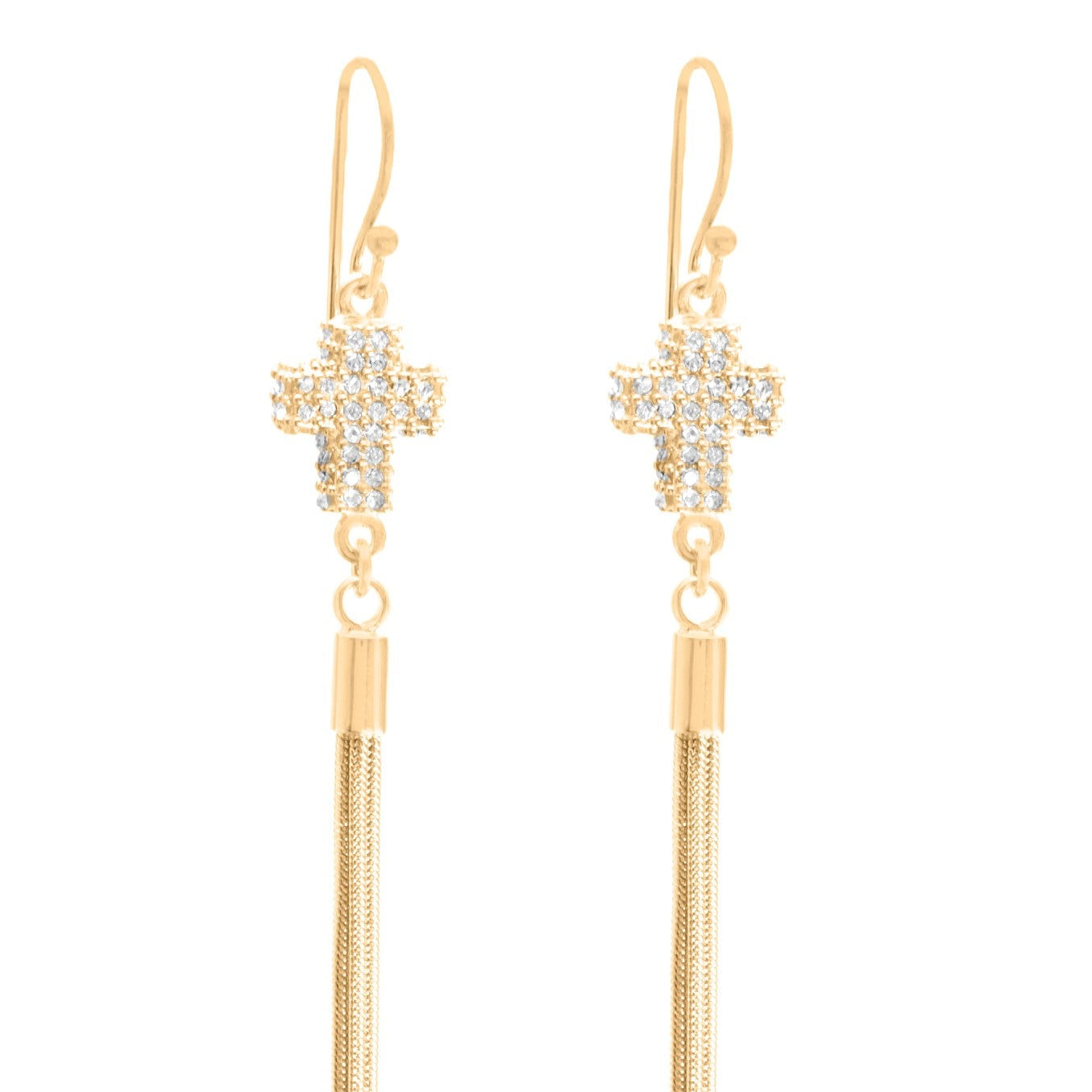 Elegant Cross Pave Tassel Earrings, 18K Gold Over Sterling Silver