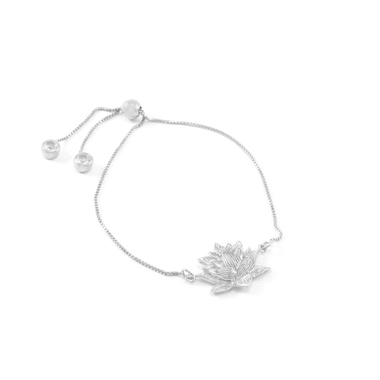 Awakened Lotus Adjustable Bracelet, White Rhodium