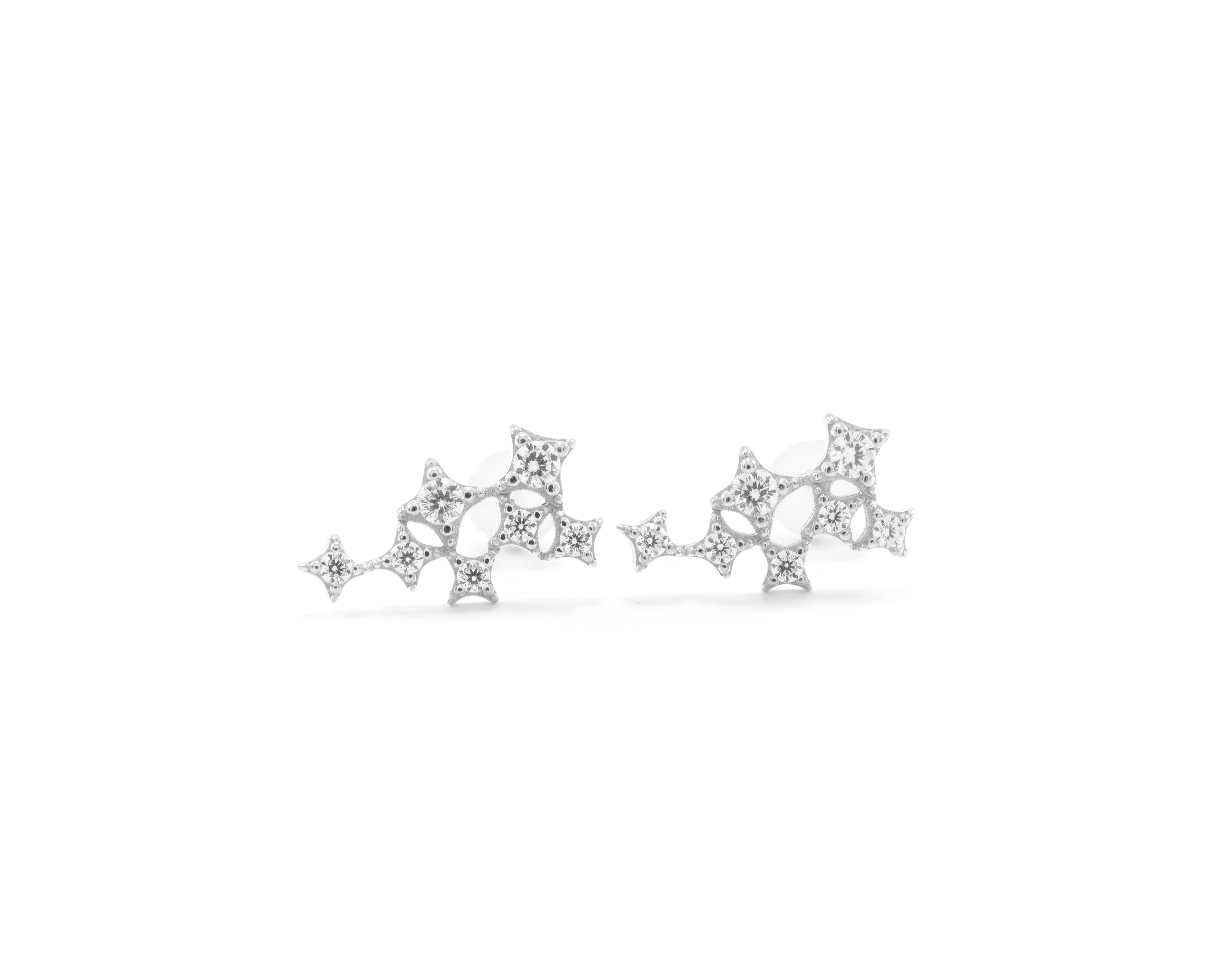 Star Cluster Stud Earring with Zirconia Diamond - White Rhodium Finish