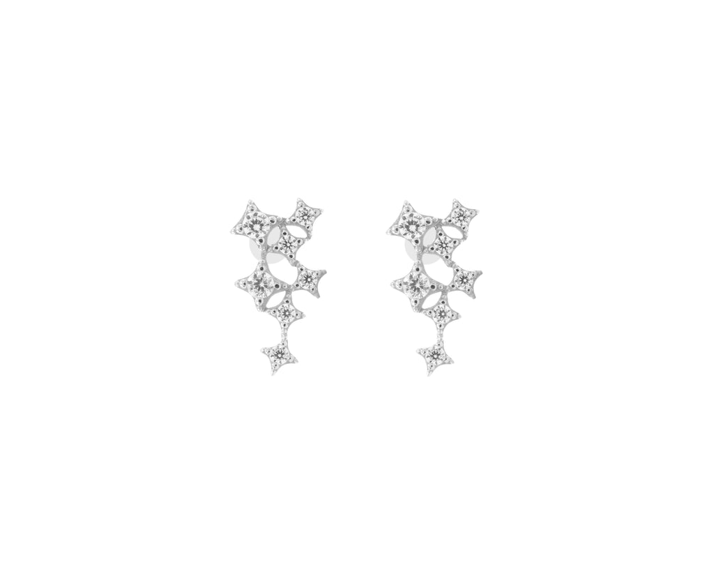 Star Cluster Stud Earring with Zirconia Diamond - White Rhodium Finish