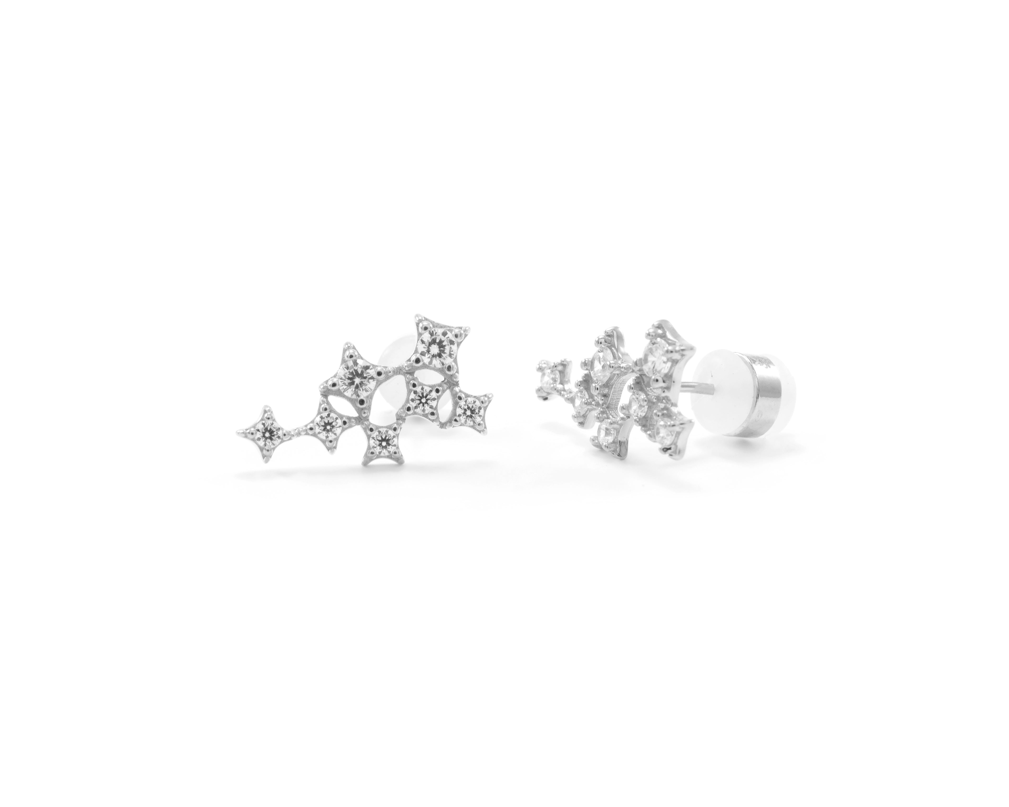 Star Cluster Stud Earring with Zirconia Diamond - White Rhodium Finish