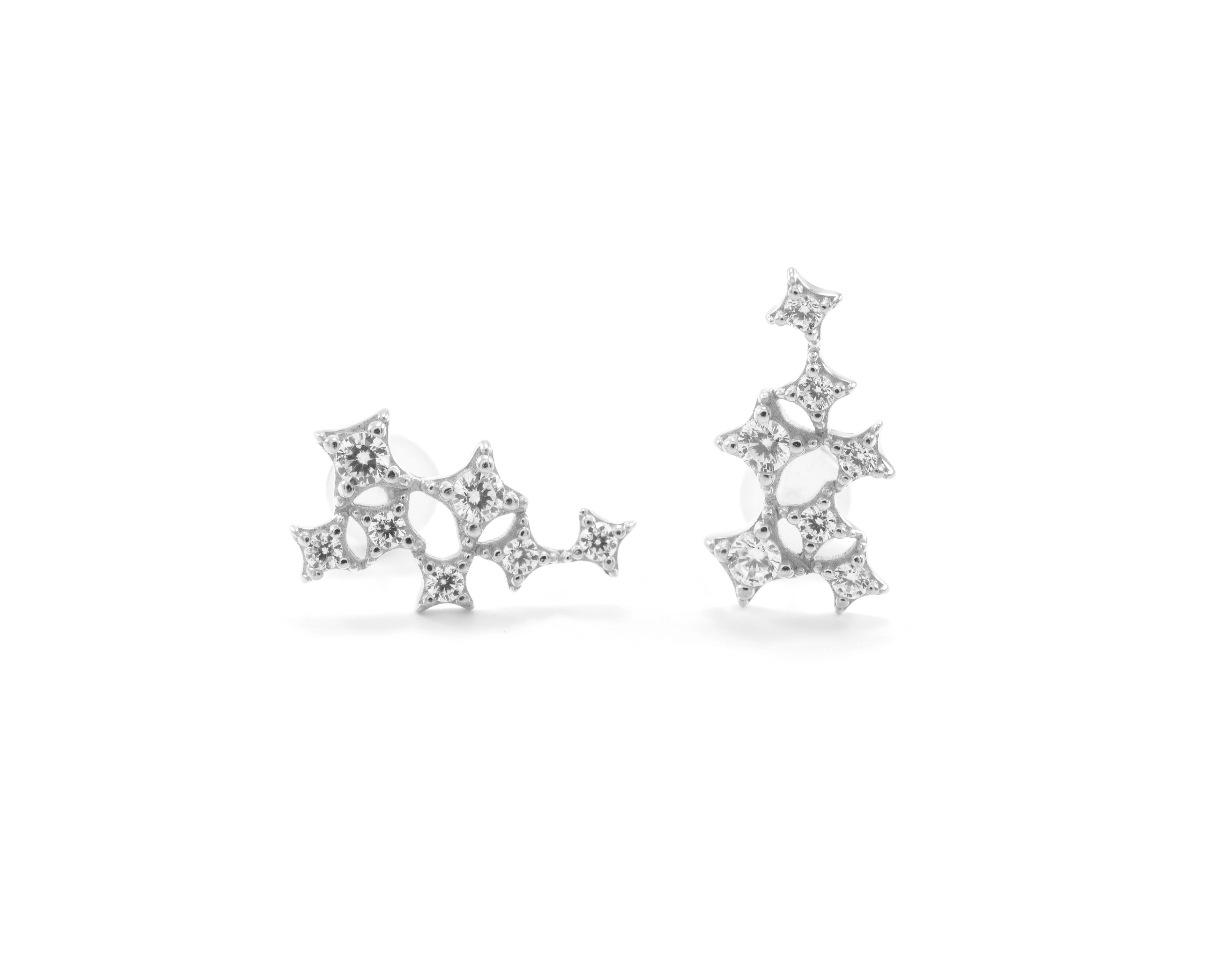 Star Cluster Stud Earring with Zirconia Diamond - White Rhodium Finish