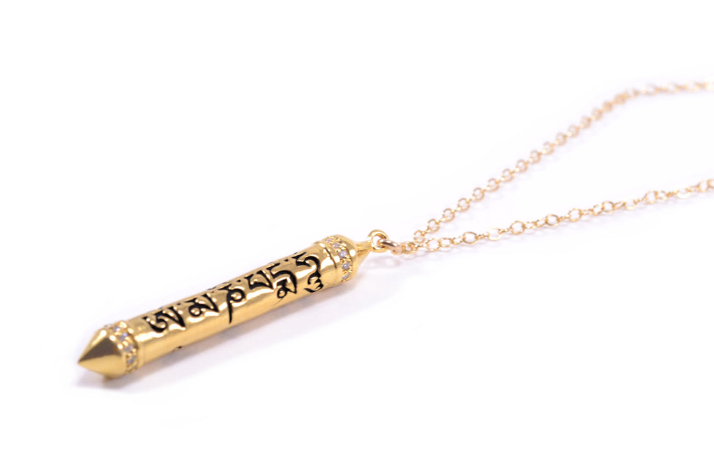 OM MANI PADME HUM 18k Gold - White Topaz Prayer Necklace - Seen in Harpers Bazaar UK