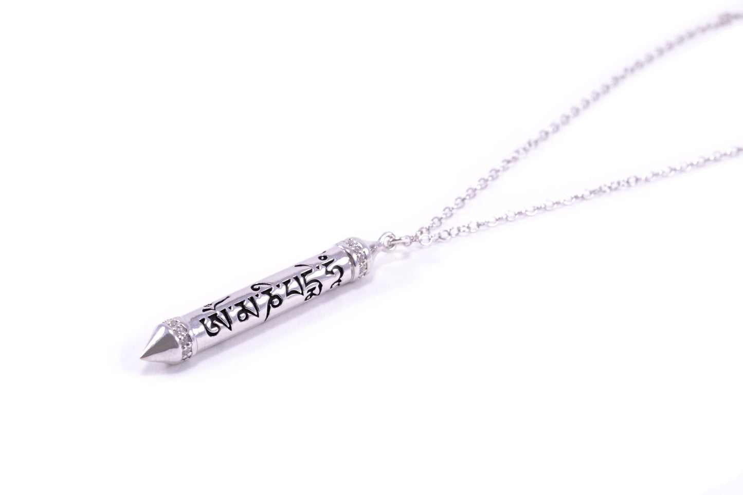 OM MANI PADME HUM, White Rhodium, White Topaz Prayer Necklace  *Seen in Harper's Bazaar