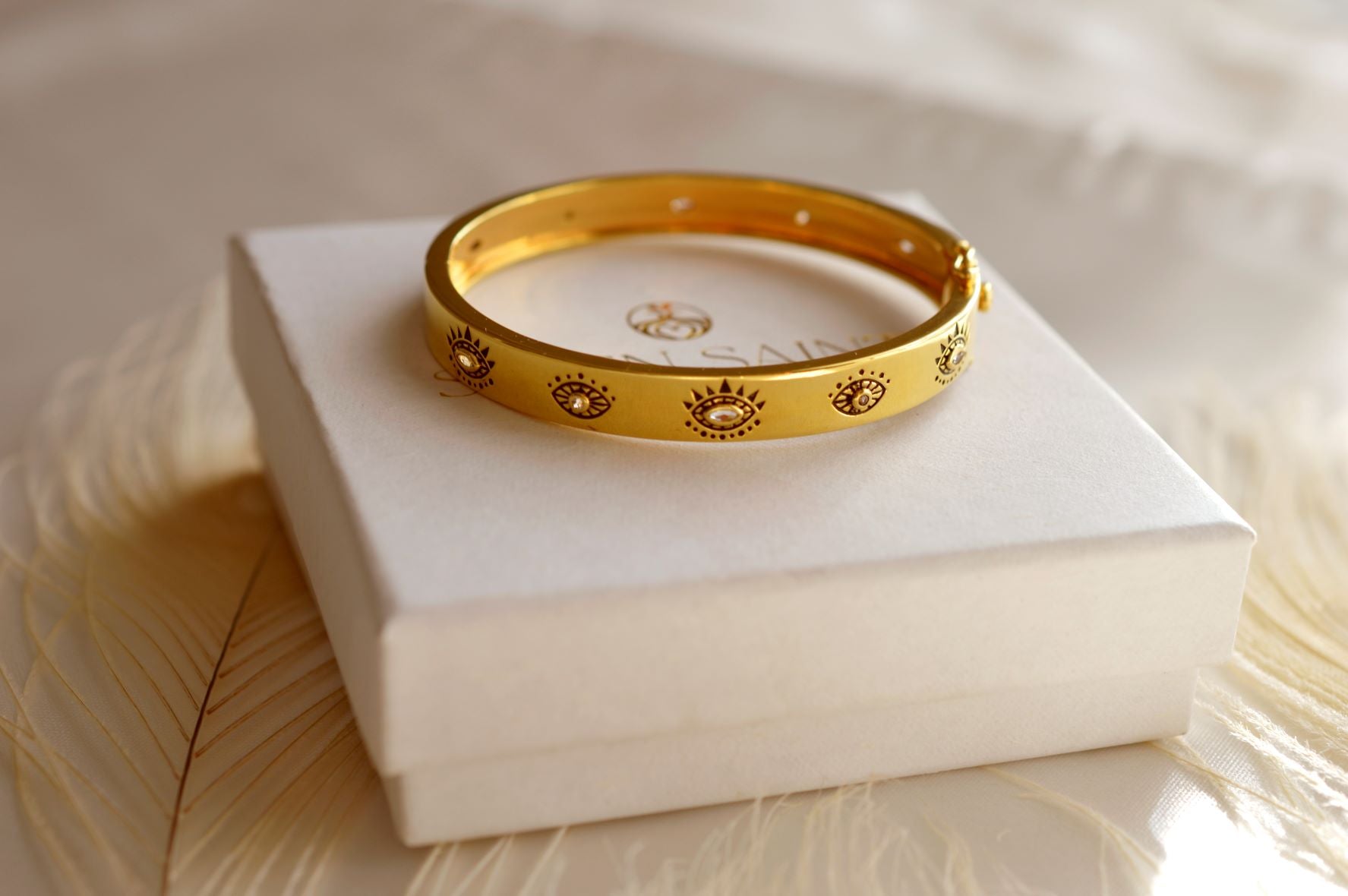 Evil Eye Protection Bangle – White & Blue Topaz – 18K Gold Plated Sterling Silver