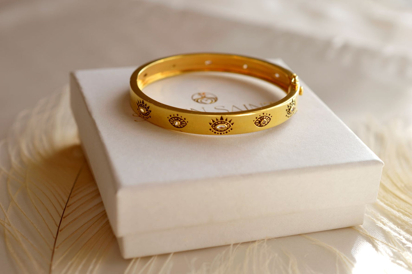 Evil Eye Protection Bangle, White Rhodium over Sterling Silver, White & Blue Topaz