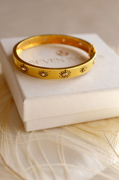 Evil Eye Protection Bangle, Rose Gold Plated Sterling Silver, White & Blue Topaz