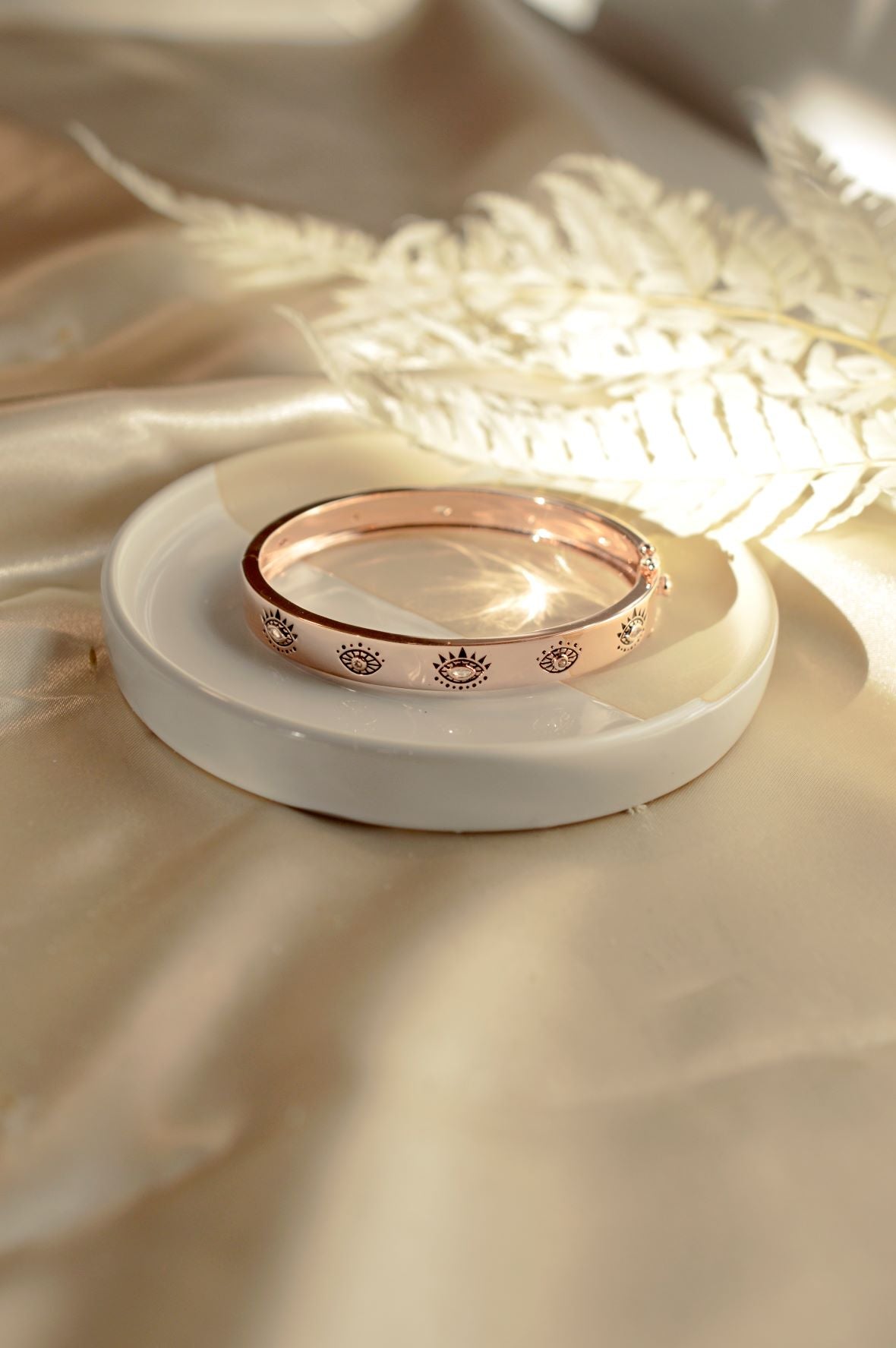Evil Eye Protection Bangle, Rose Gold Plated Sterling Silver, White & Blue Topaz