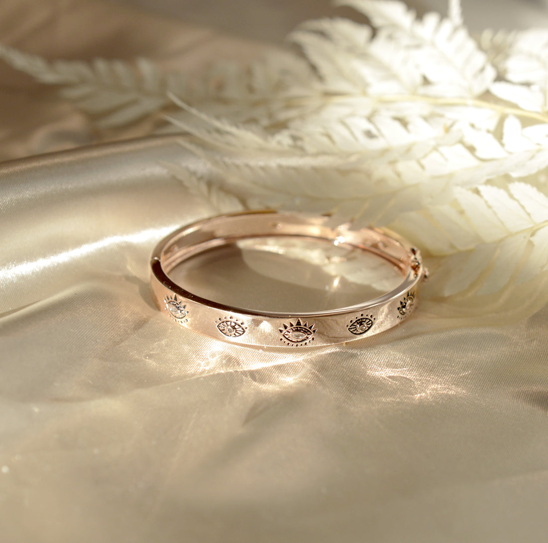 Evil Eye Protection Bangle, Rose Gold Plated Sterling Silver, White & Blue Topaz