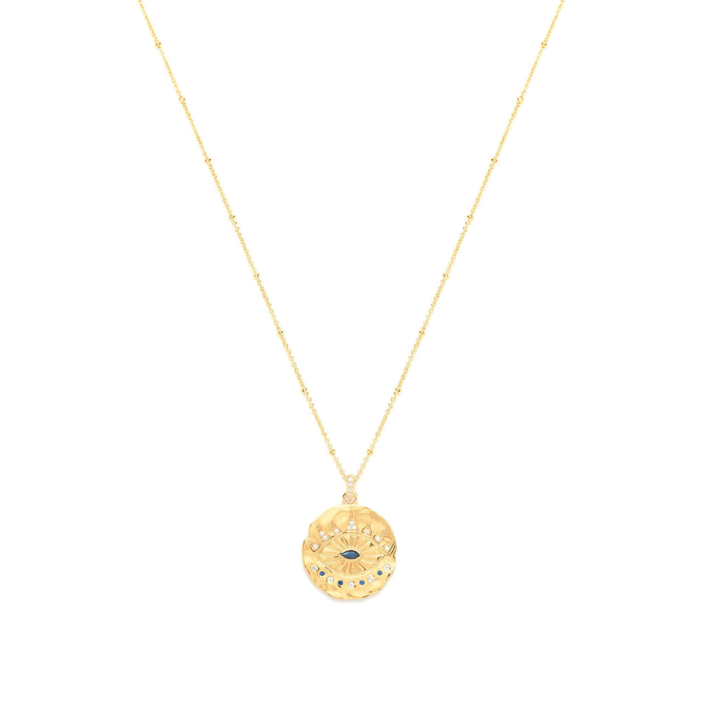 Evil Eye Protection Necklace – White Rhodium Over Sterling Silver with Sapphire & White Topaz, High Polish Finish