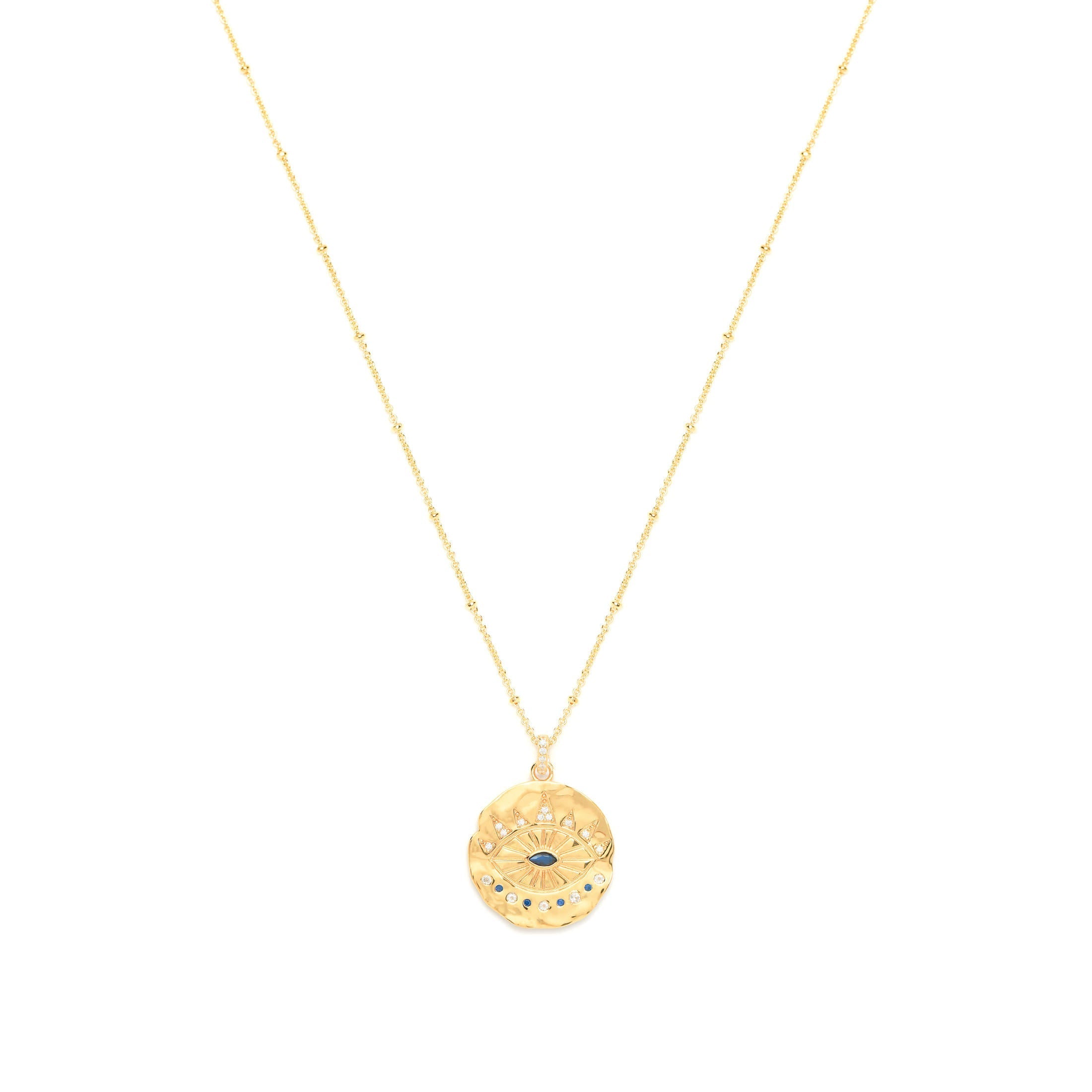 Evil Eye Protection Necklace – White Rhodium Over Sterling Silver with Sapphire & White Topaz, High Polish Finish