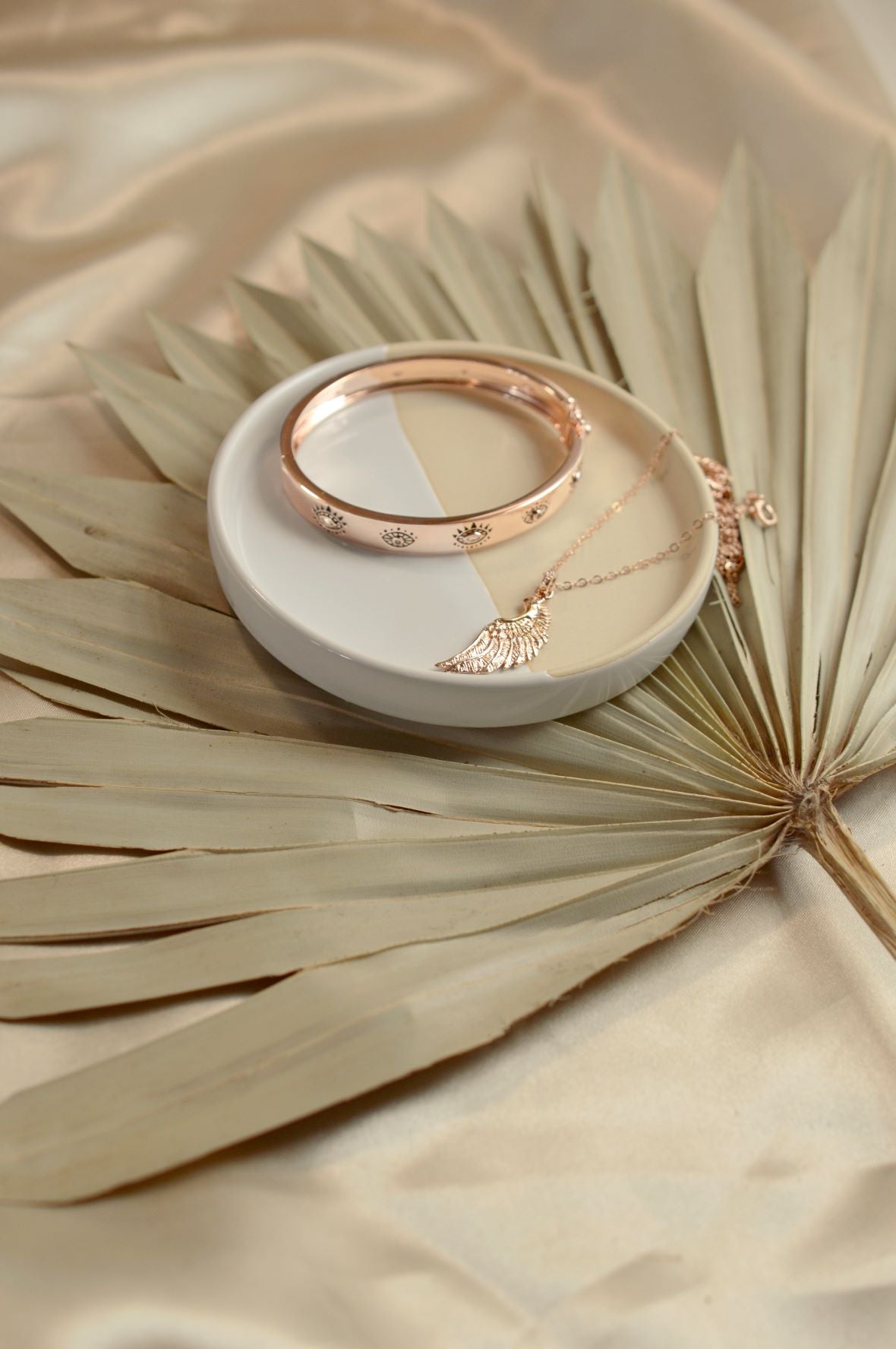 Evil Eye Protection Bangle, Rose Gold Plated Sterling Silver, White & Blue Topaz