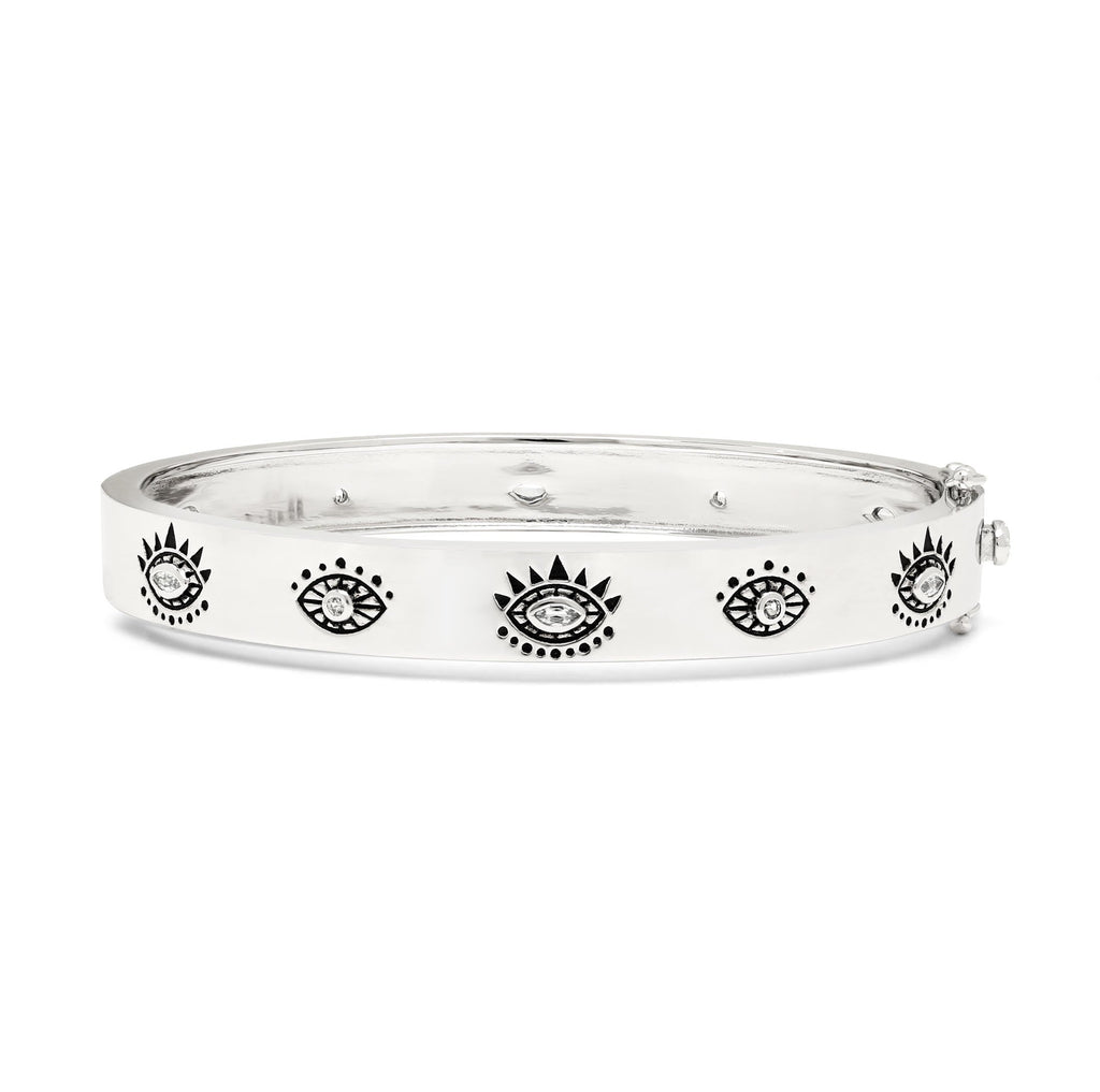Evil Eye Protection Bangle - Rose Gold Plated Sterling Silver - White and Blue Topaz
