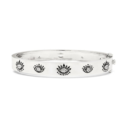 Evil Eye Protection Bangle, Rose Gold Plated Sterling Silver, White & Blue Topaz
