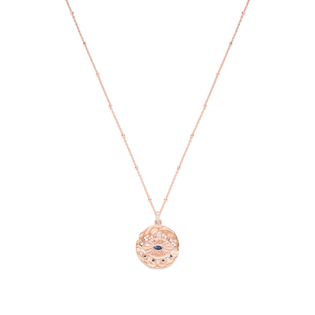 Evil Eye Protection Necklace – White Rhodium Over Sterling Silver with Sapphire & White Topaz, High Polish Finish