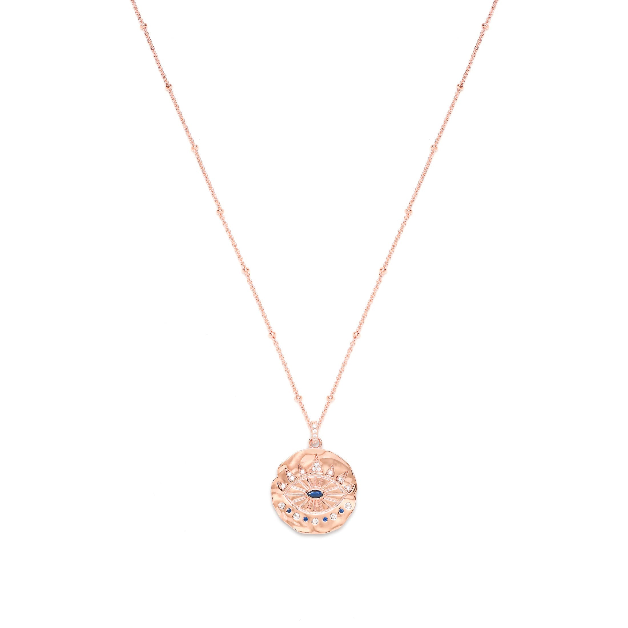 Evil Eye Protection Necklace – White Rhodium Over Sterling Silver with Sapphire & White Topaz, High Polish Finish