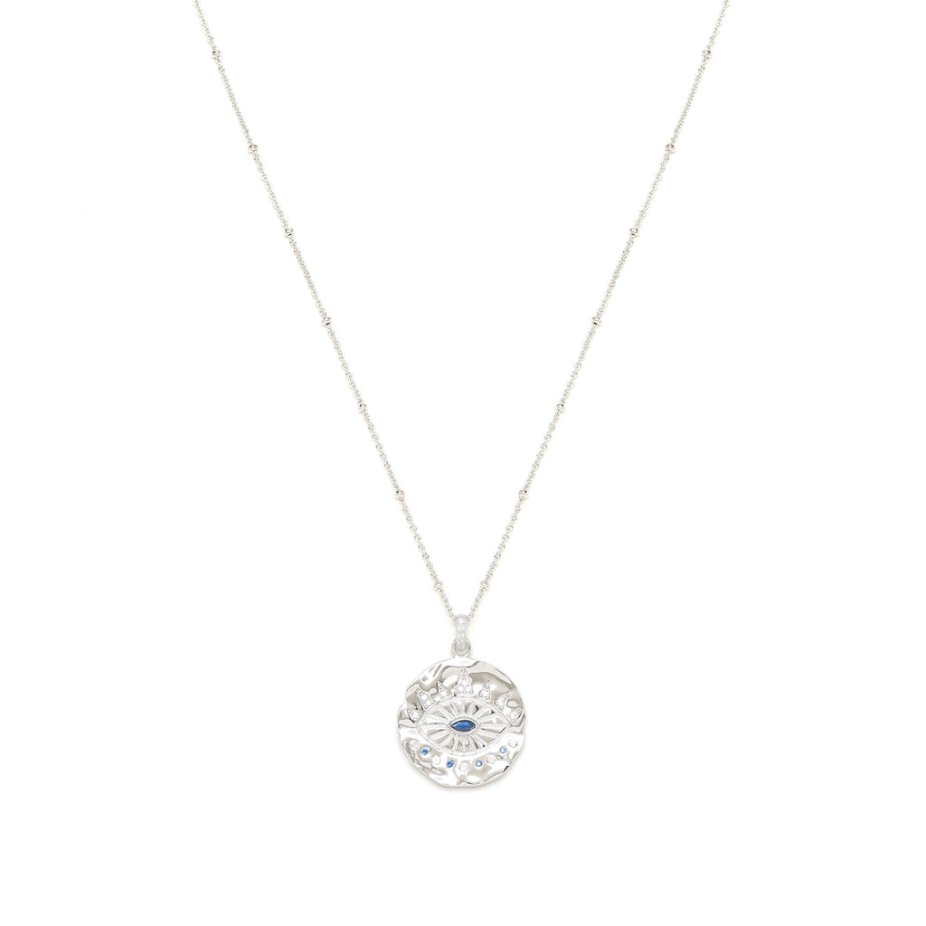 Evil Eye Protection Necklace – White Rhodium Over Sterling Silver with Sapphire & White Topaz, High Polish Finish