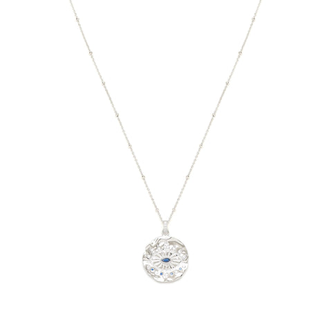 Evil Eye Protection Necklace, White Rhodium over Sterling Silver with Sapphire and White Topaz, High Polish Finish