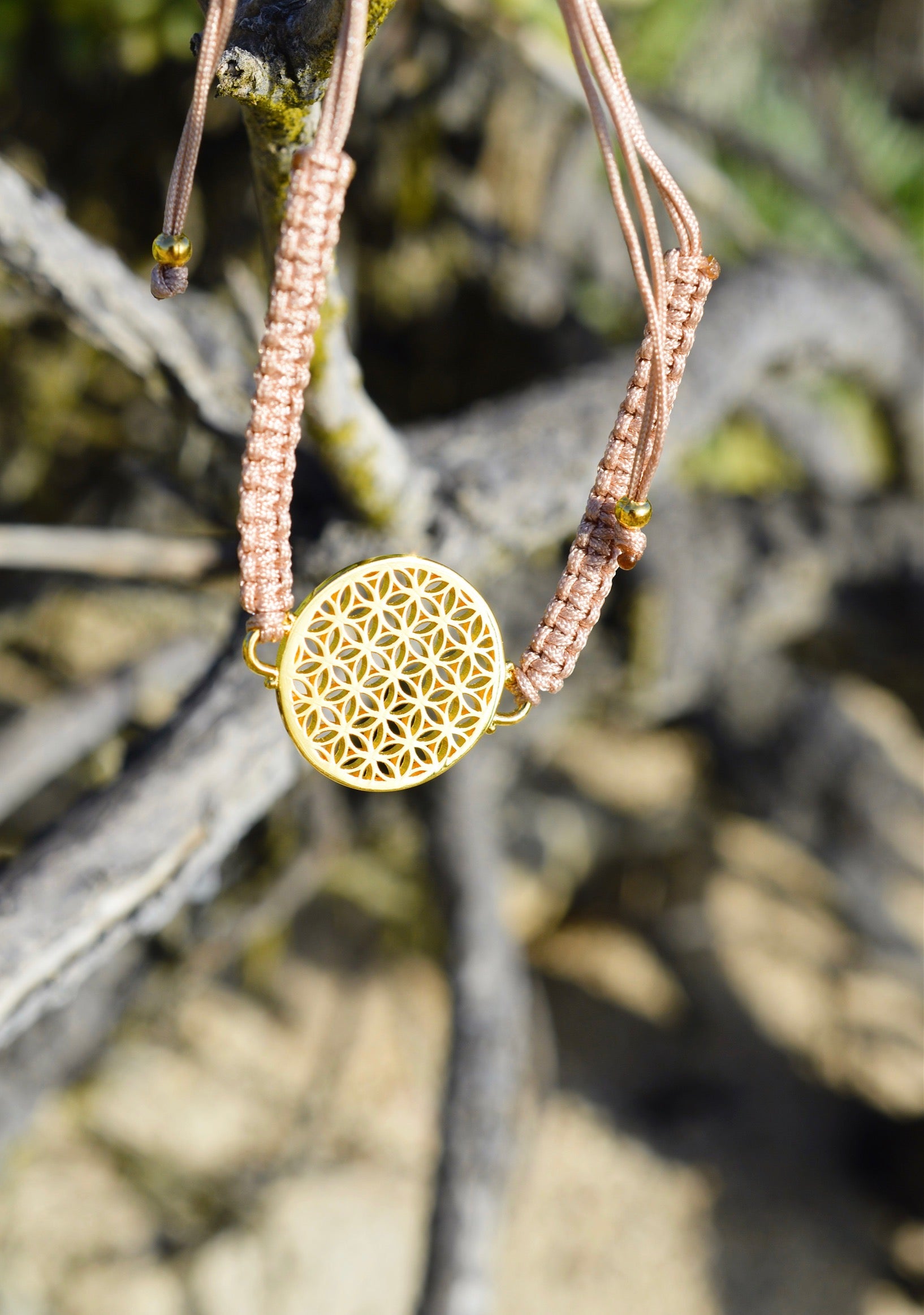 Heart in Bloom Flower of Life Woven Bracelet – Taupe in 18K Gold, One Size