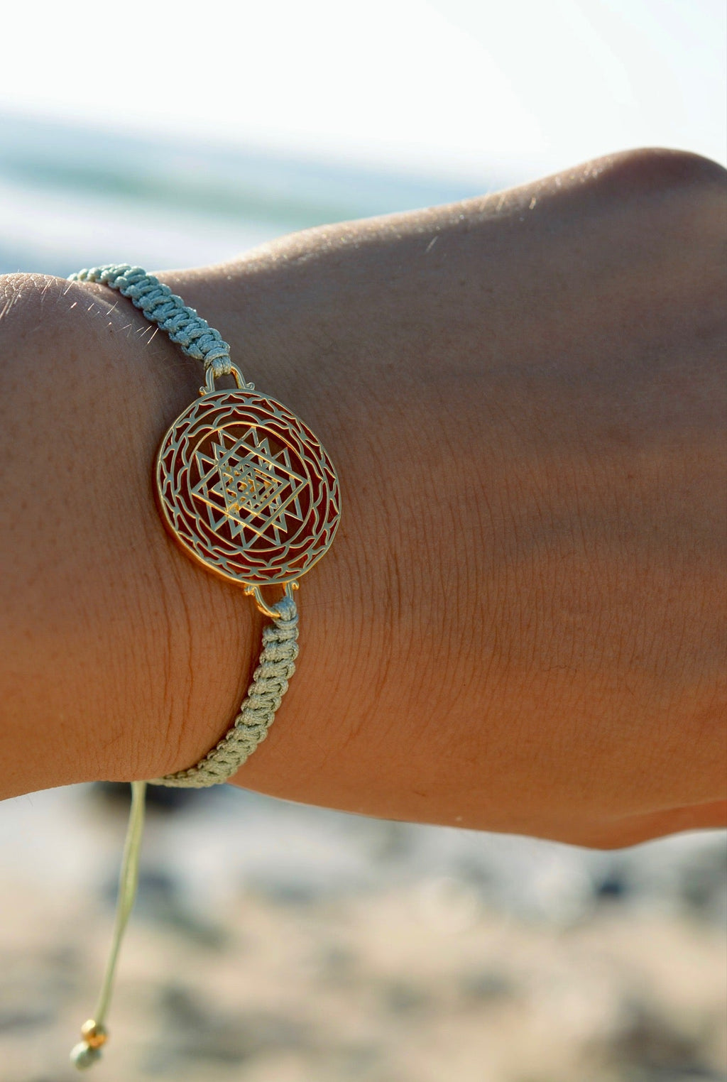 Luck & Prosperity Sri Yantra Friendship Bracelet – Sage Green in White Rhodium, One Size