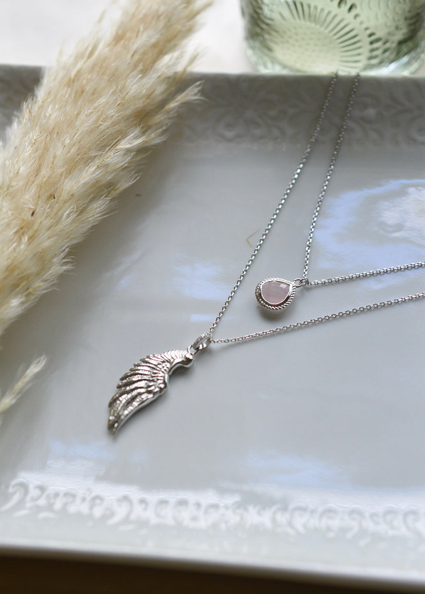 ARCHANGEL CHAMUEL Angel Of Love Necklace, Rose Quartz, White Rhodium
