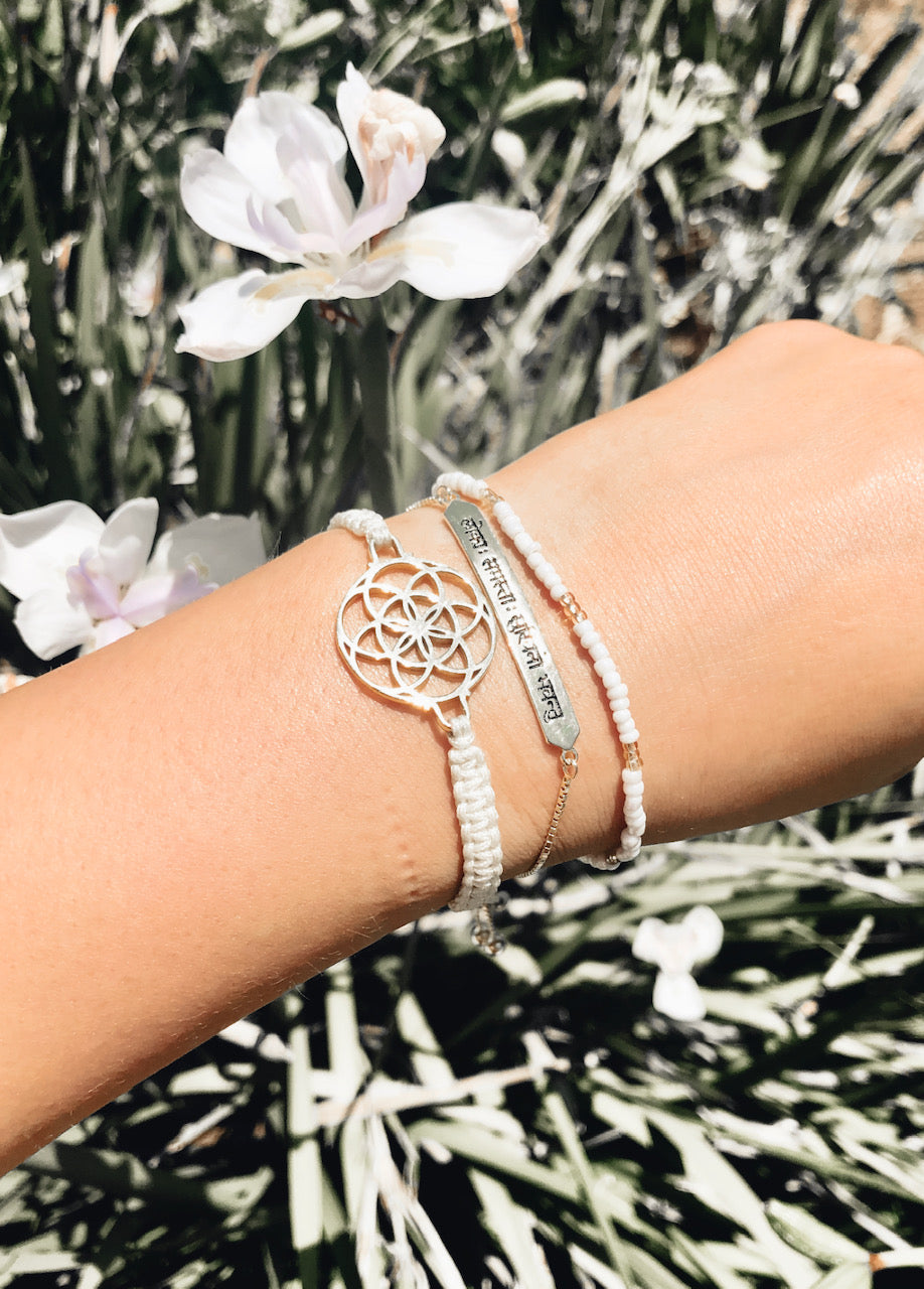 Sanskrit Chant - May All Beings Be Happy and Free - Sterling Silver Box Chain Bracelet - 18K Gold - Seen in Vogue