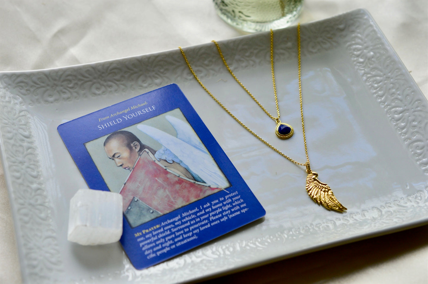 Archangel Michael Angel of Protection Necklace, Lapis Lazuli, White Rhodium
