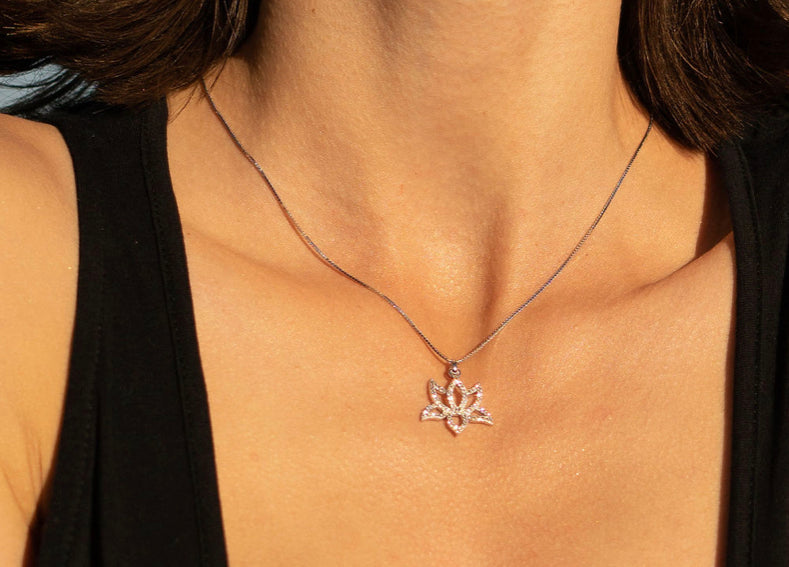 Illuminate Lotus Necklace White Rhodium Plated, White Topaz Pave