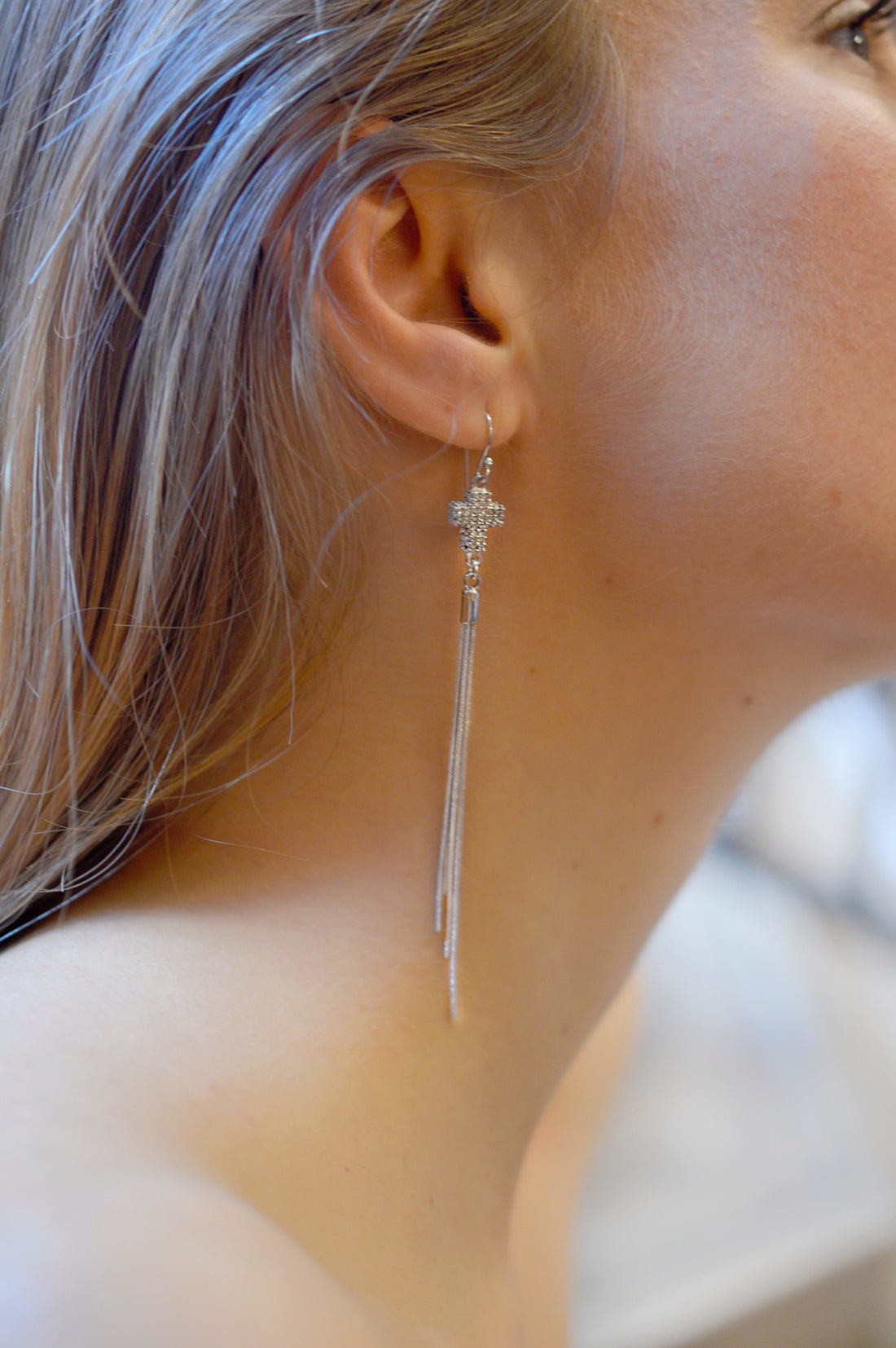 Elegant Cross Pave Tassel Earrings, 18K Gold Over Sterling Silver