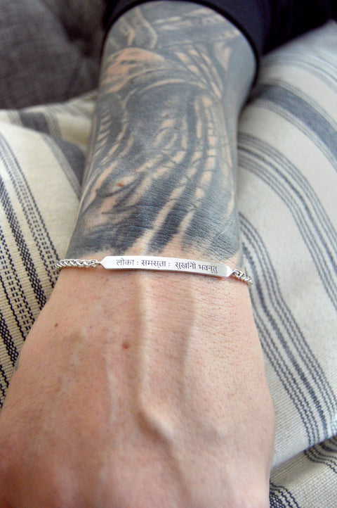 Sanskrit Chant "May All Beings Be Happy & Free" Sterling Silver Men's Chain Bracelet White Rhodium Plated Sterling Silver