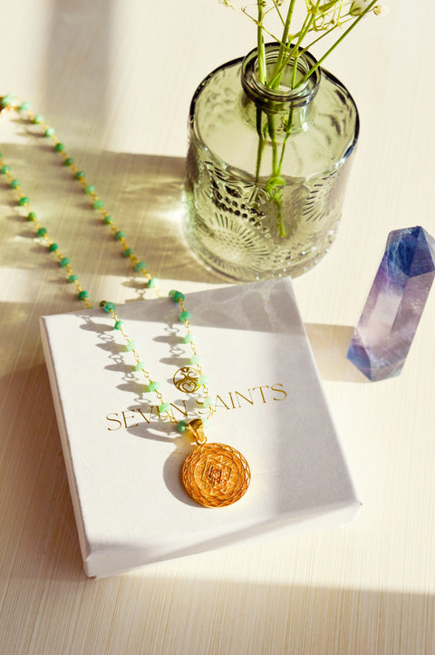 Sri Yantra Manifesting Abundance Necklace, Green Chrysoprase, 18k Gold Plated