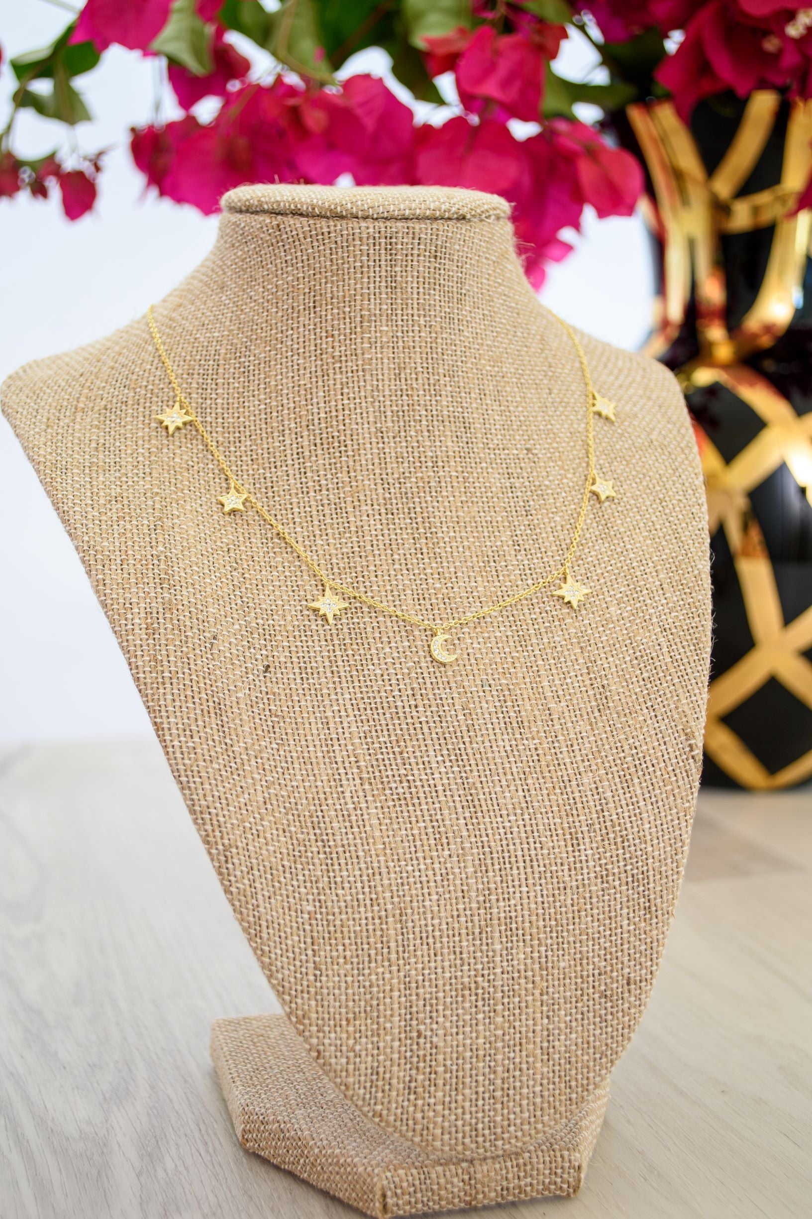 Heavenly Realms Moon & Stars Drop Choker Necklace – Rose Gold with CZ Diamonds