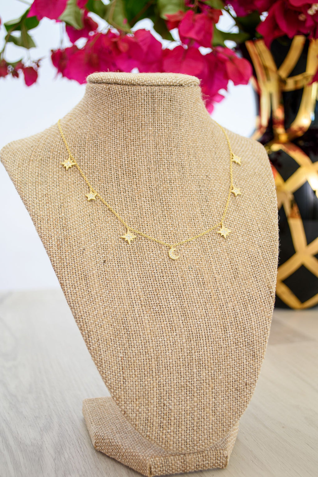 Heavenly Realms Moon & Stars Drop Choker Necklace – White Rhodium with CZ Diamonds