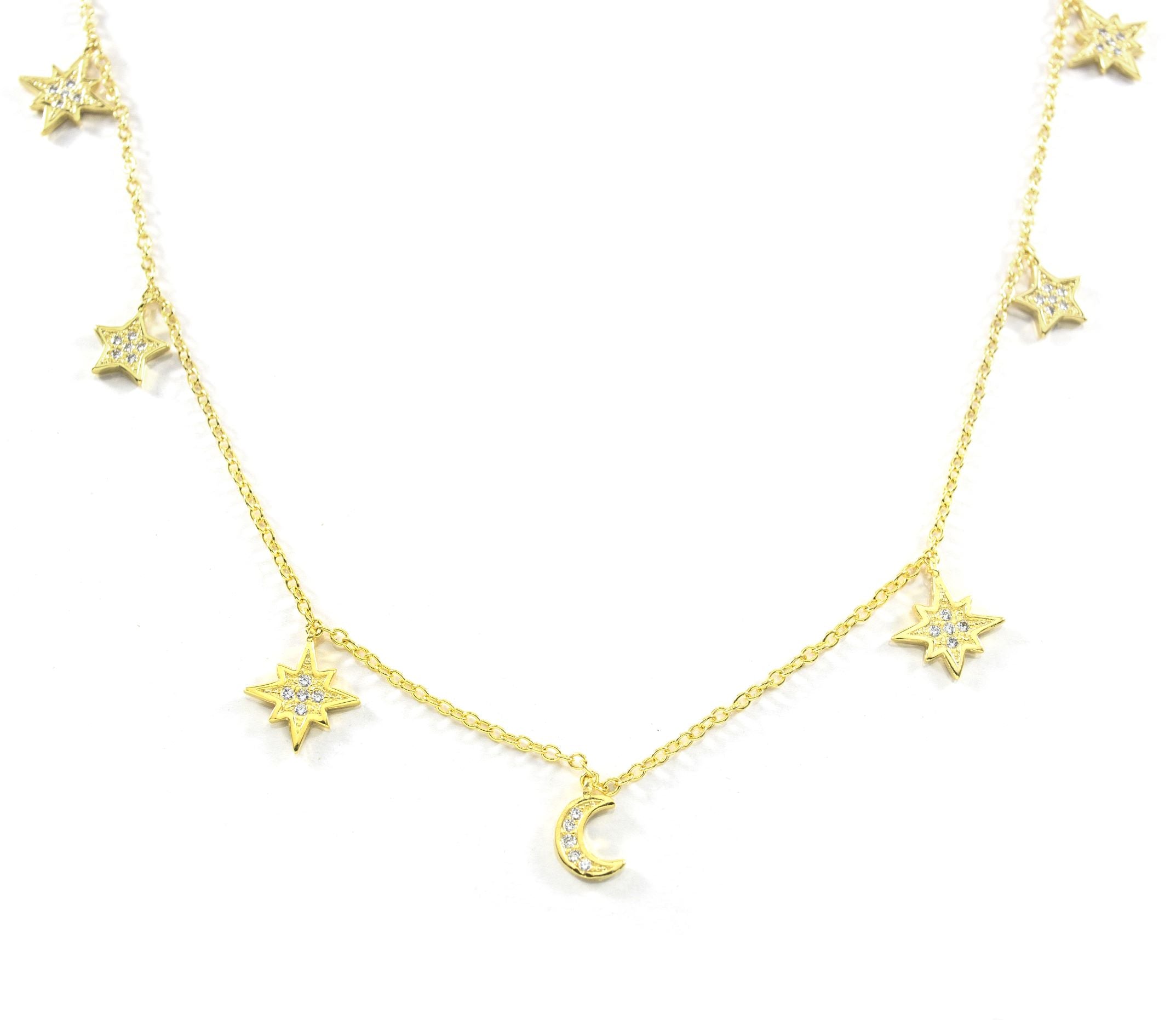 Heavenly Realms Moon & Stars Drop Choker Necklace – White Rhodium with CZ Diamonds