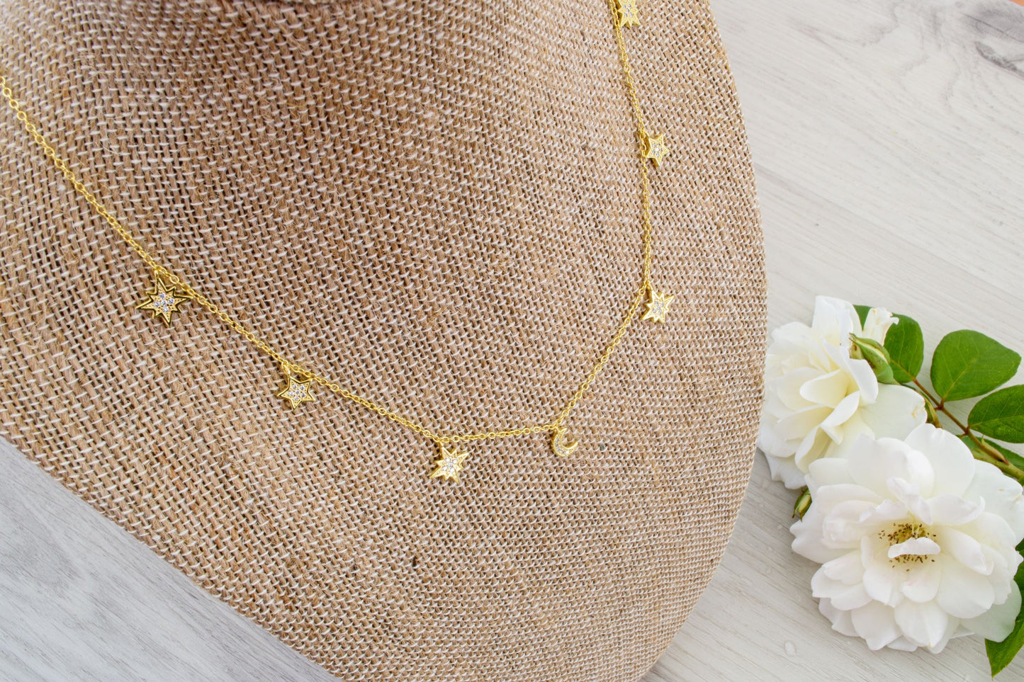Heavenly Realms Moon & Stars Drop Choker Necklace, Rose Gold, CZ Diamond