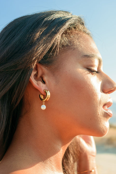Modern Drop Pearl Hoop Earrings, 18k Gold