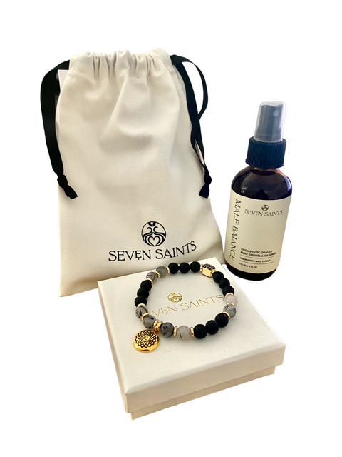 Spiritual Growth Male Balance Gift Set with Crown Chakra Bracelet, Rutiliated Quartz and Onyx
