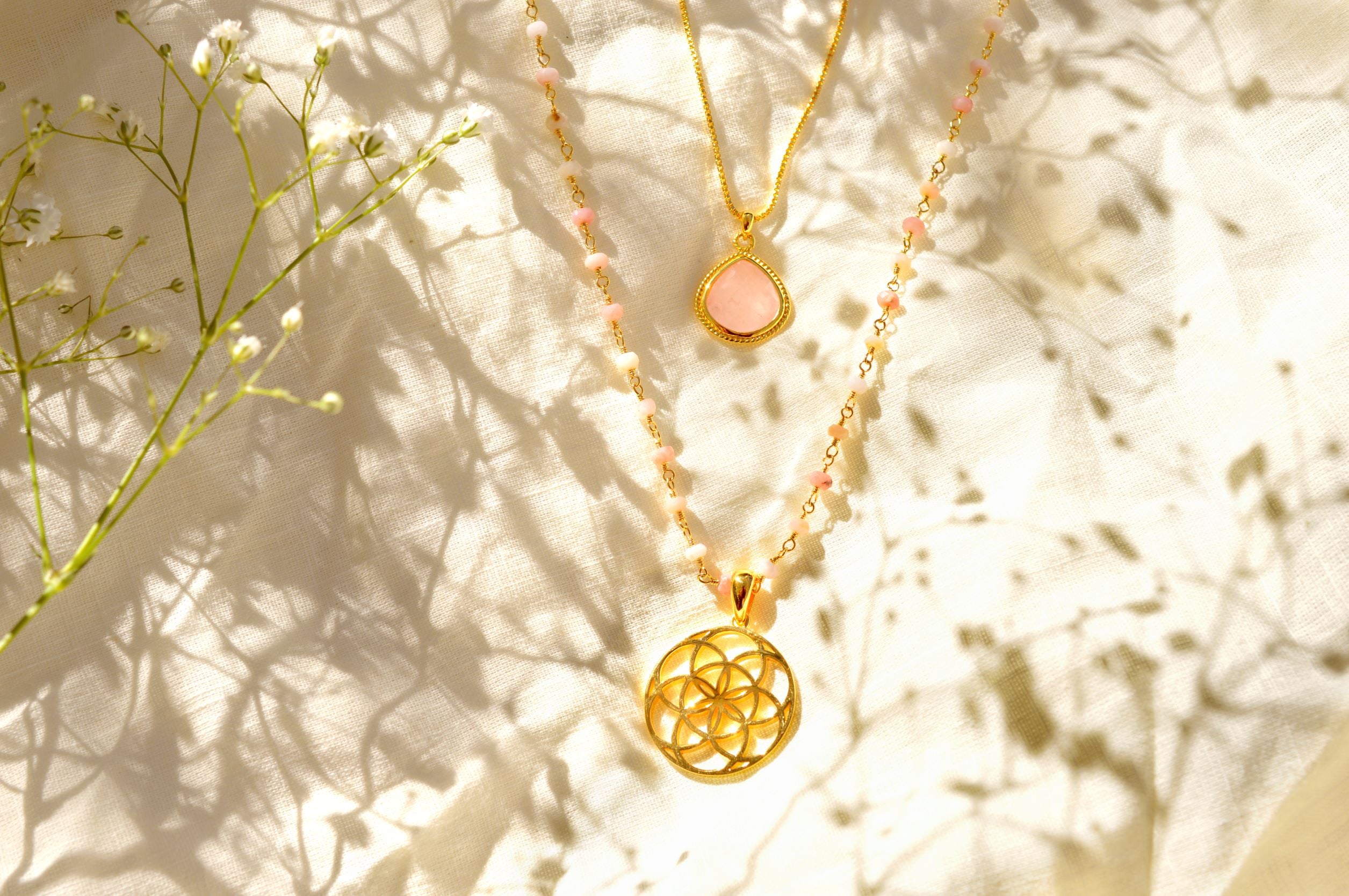 Spiritual Radiance Seed of Life Necklace – Pink Opal – 18K Gold Finish