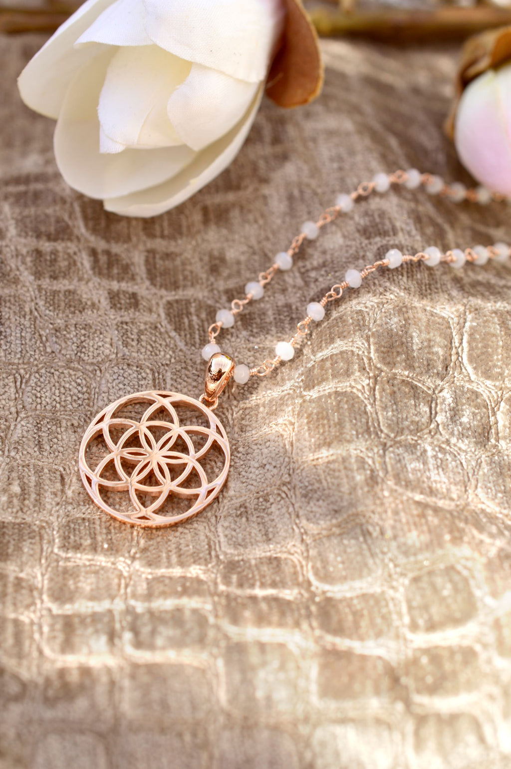 Seed of Life Feminine Power Amulet, White Chalcedony Chain, Rose Gold Plated