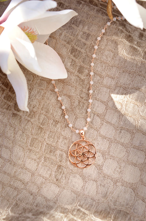 Seed of Life Feminine Power Amulet, White Chalcedony Chain, Rose Gold Plated