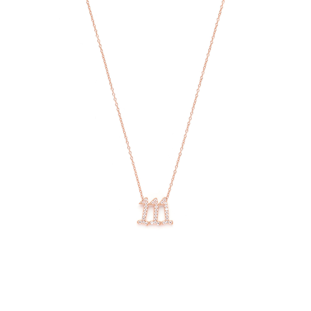 111 Angel Number Manifestation Stud Necklace, White Topaz, White Rhodium