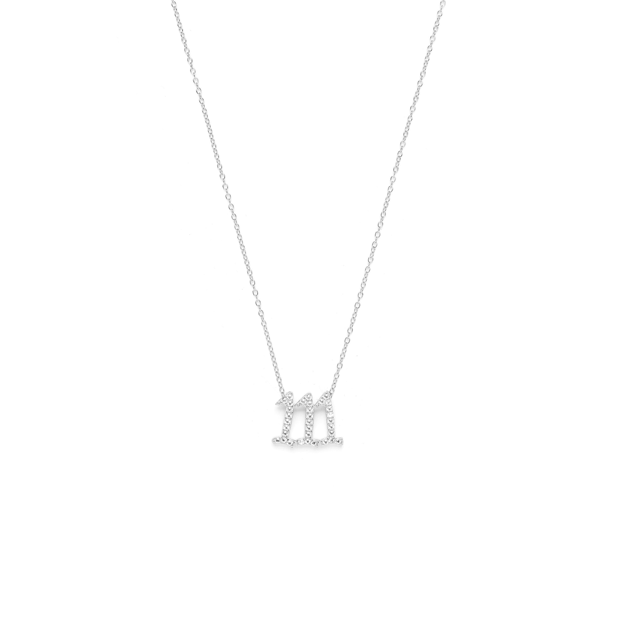 111 Angel Number Manifestation Stud Necklace, White Topaz, White Rhodium
