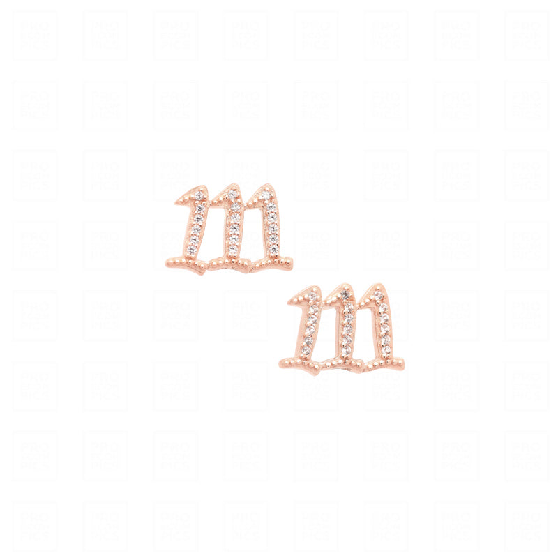 111 Angel Number Manifestation Stud Earrings, White Topaz, Rose Gold