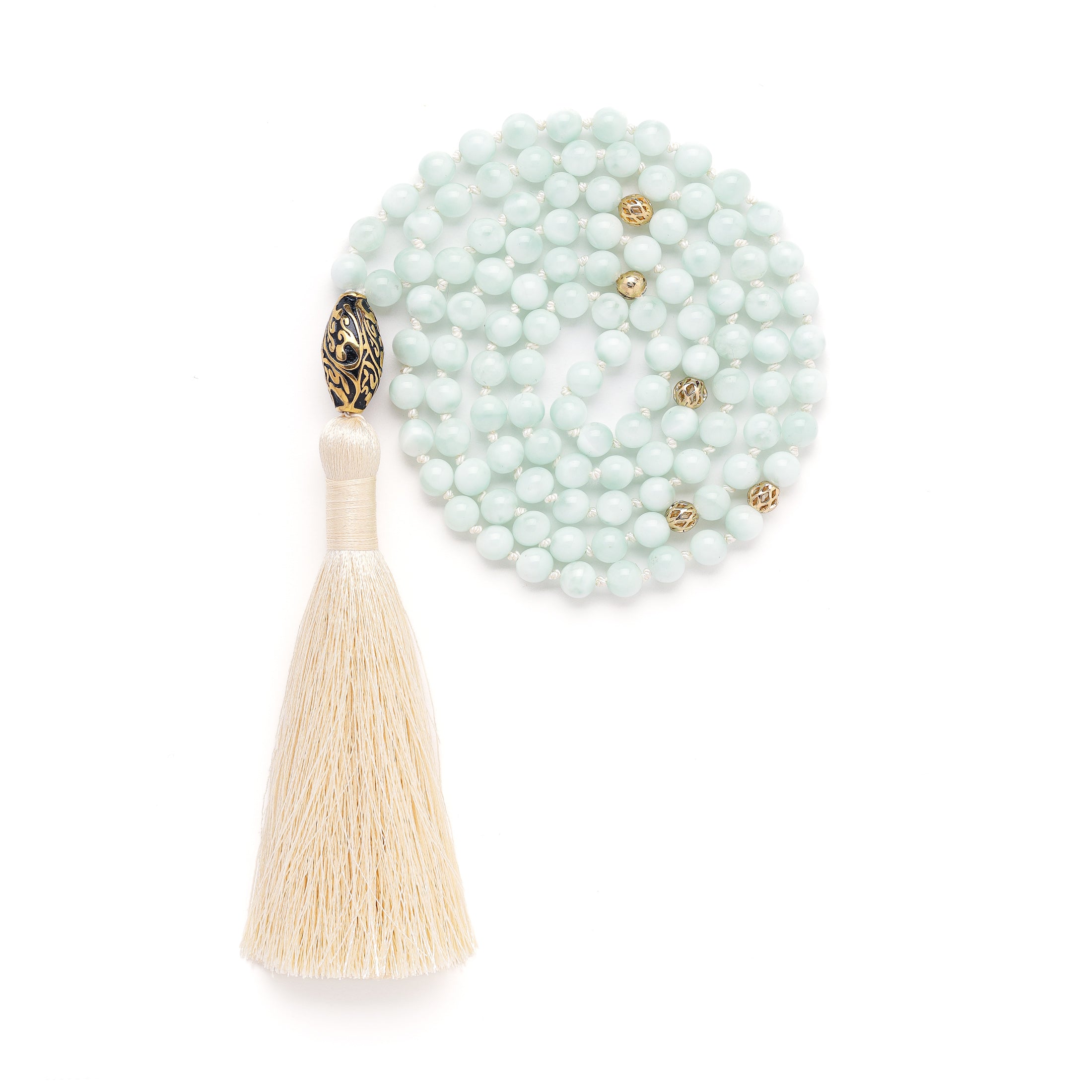 Divine Love 108 Bead Mala – Morganite with Antique Repousse Spiritual Jewelry