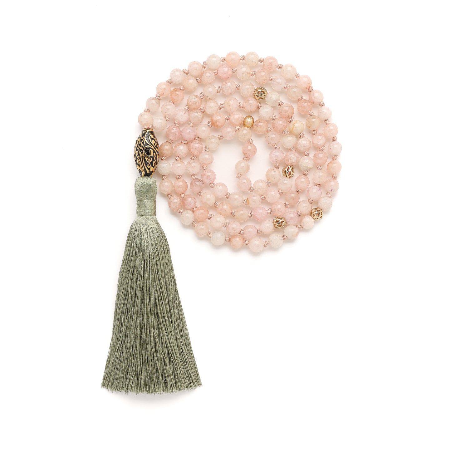 Divine Love 108 Bead Mala, Morganite, Antique Repousse