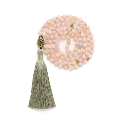 Divine Love 108 Bead Mala, Morganite, Antique Repousse