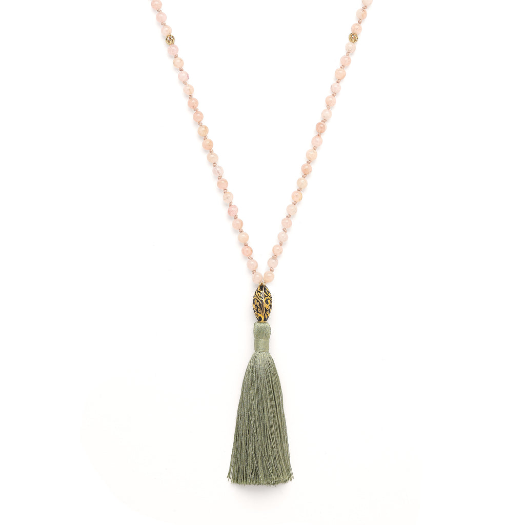 Divine Love 108 Bead Mala – Morganite with Antique Repousse Spiritual Jewelry