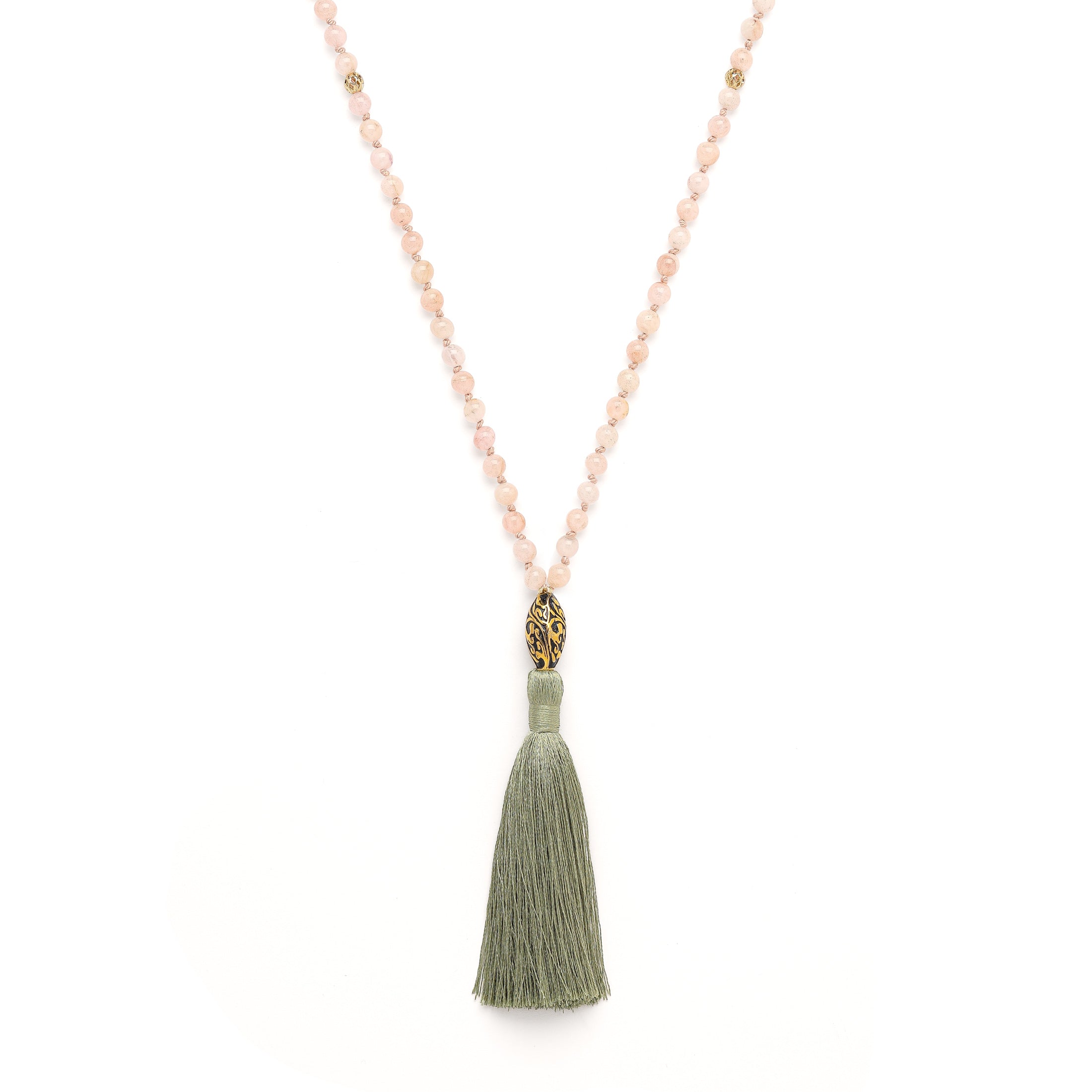 Divine Love 108 Bead Mala – Morganite with Antique Repousse Spiritual Jewelry