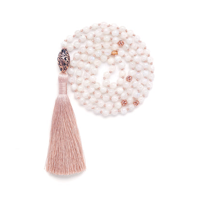 Divine Intuition 108 Bead Mala, Cream Moonstone