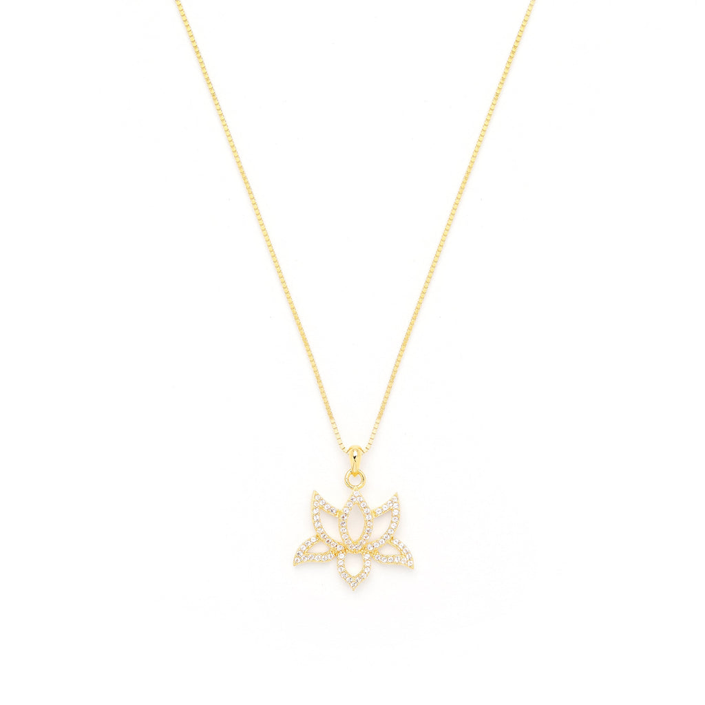 Illuminate Lotus Necklace – White Topaz Pavé – White Rhodium Plated Spiritual Jewelry